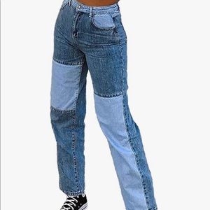 Women Patchwork Jeans High Waisted Straight Leg Stretch Denim Pants